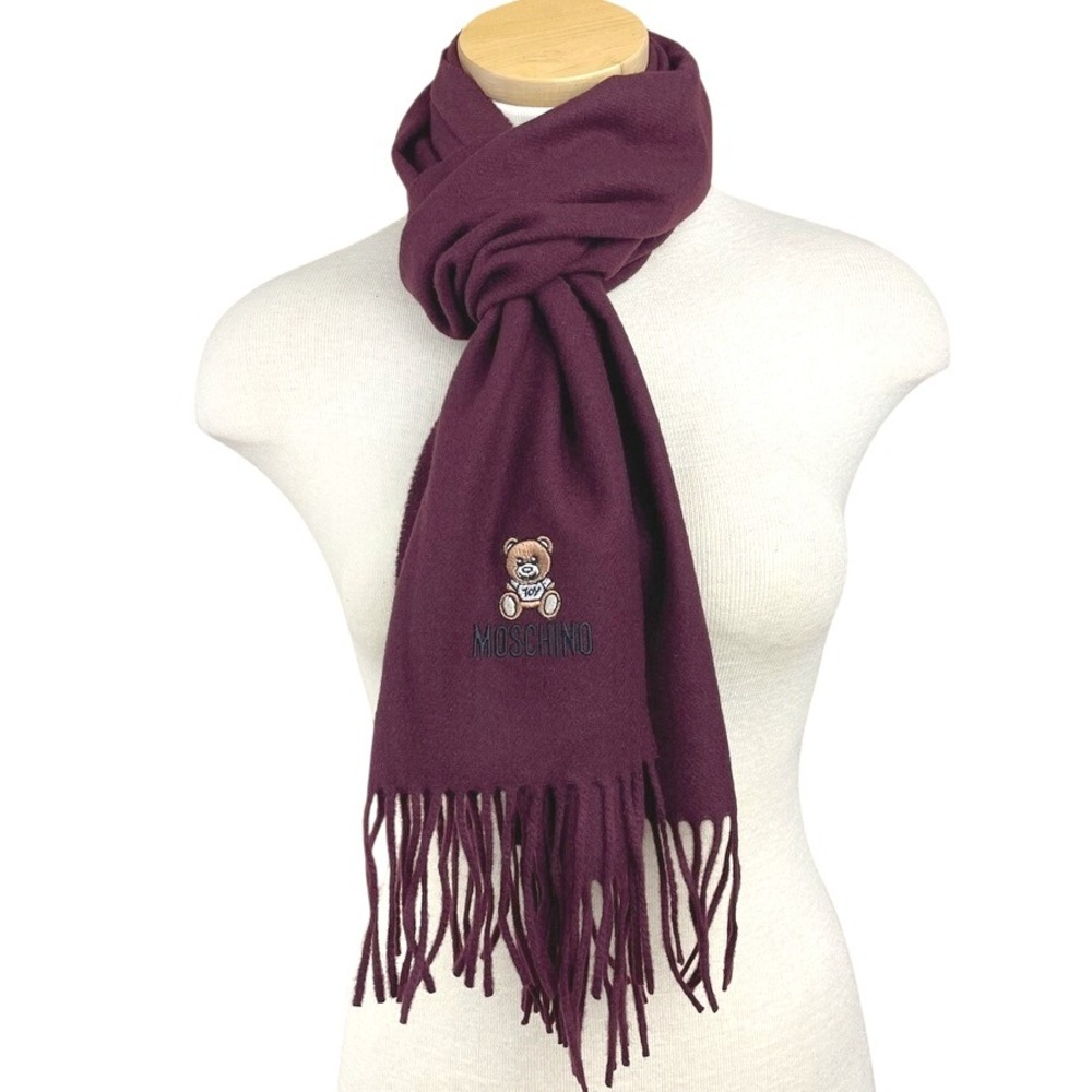 MOSCHINO Burgundy Merino Wool Scarf Embroidered Teddy Bear Fringe Italy 64 x 12‎
